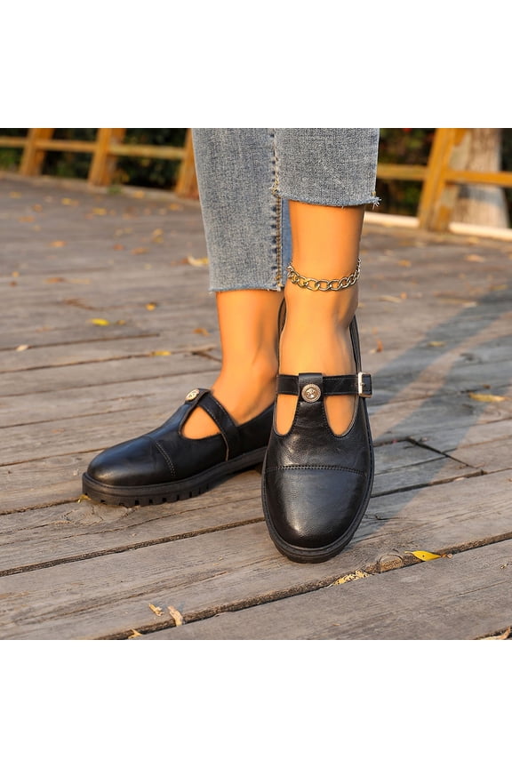 Women's Mary Jane Shoes with Thick Sole Comfort Round Toe Strap Ballet Flats for Women Thick Heel Dress Flats