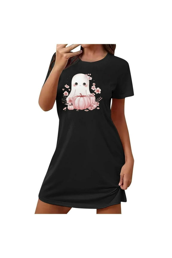Women's Novelty Halloween Nightgown Funny Pumpkin Ghost Graphic Sleepshirt Loose Crew Neck Short Sleeve Pajamas Dress