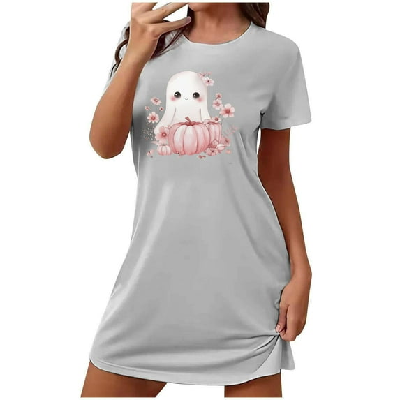 Cxenplz Women's Novelty Halloween Nightgown Funny Pumpkin Ghost Graphic Sleepshirt Loose Crew Neck Short Sleeve Pajamas Dress
