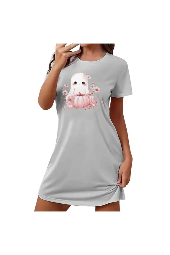 Women's Novelty Halloween Nightgown Funny Pumpkin Ghost Graphic Sleepshirt Loose Crew Neck Short Sleeve Pajamas Dress