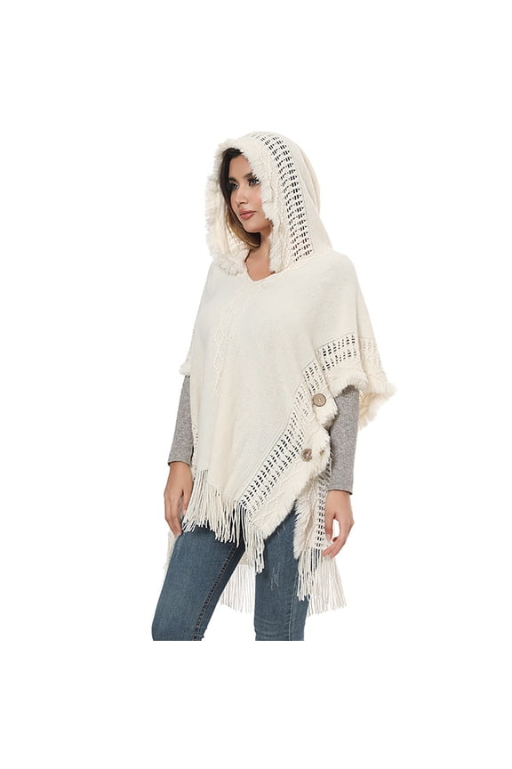 Women's Poncho Sweater Elegant Knit Half Sleeve Fringed Tassel Hem Batwing Buttons Hooded Pullover Cape Shawl