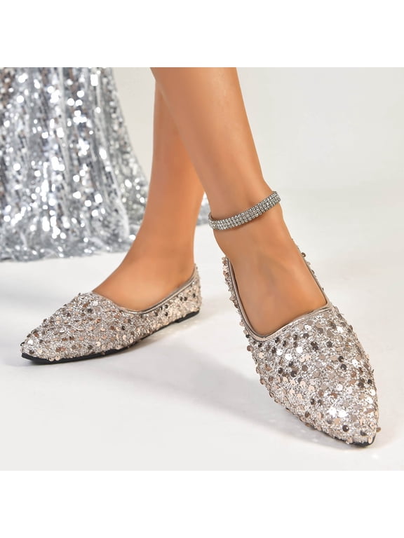 Women's Rhinestone Flats Fashion Pointed Toe Pearl Diamond Low Heel Dress Wedding Flats Work Business Dance Ballet Flats