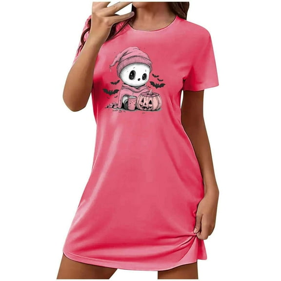 Cxenplz Women's Sleepwear Cute Pumpkin Ghost Graphic Nightgown Crewneck Short Sleeve Loose Pajamas Dress Funny Halloween Sleepwear