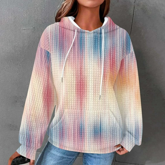 Cxenplz Women's Sweatshirt Casual Tie Dye Waffle Hoodie Sweatshirt Long Sleeve Loose Fit Fall Fashion Clothes
