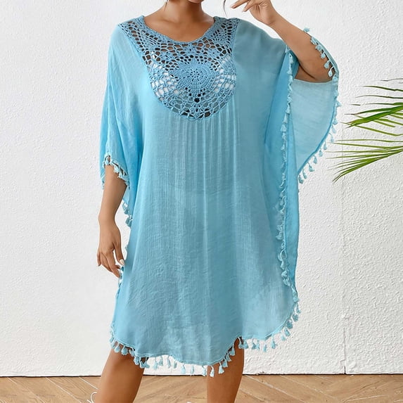 Cxenplz Women's Swimsuit Coverup Crochet Chiffon Tassel Cover Ups Dress Summer Swimwear Beach Lace Pullover Bathing Suit