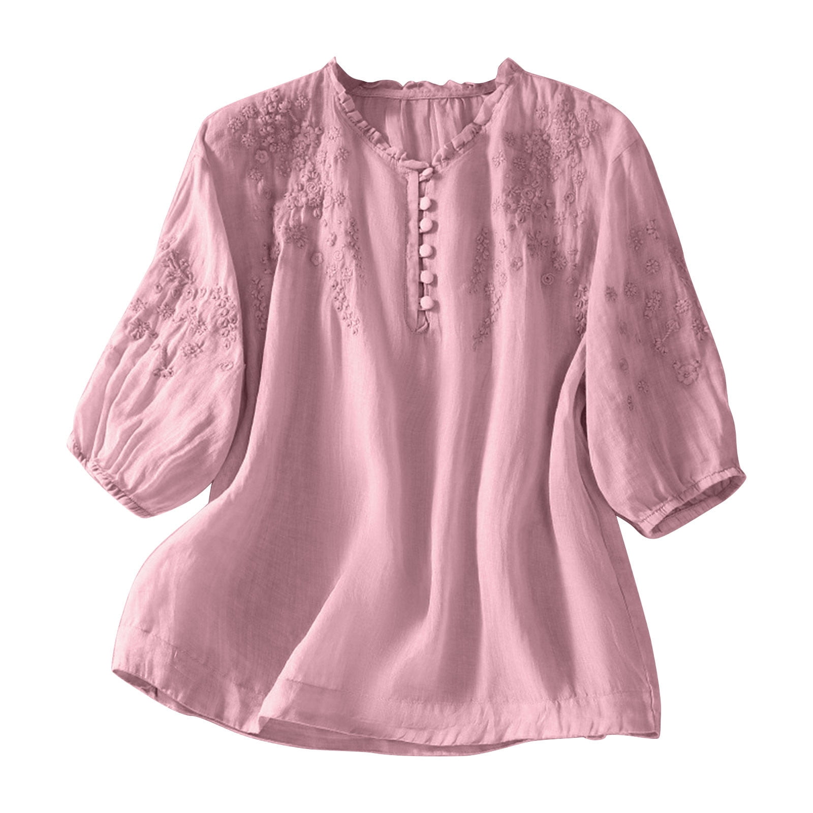 Cxenplz Women's Tops Cotton Linen Embroidered Retro V Neck 3/4 Lantern ...