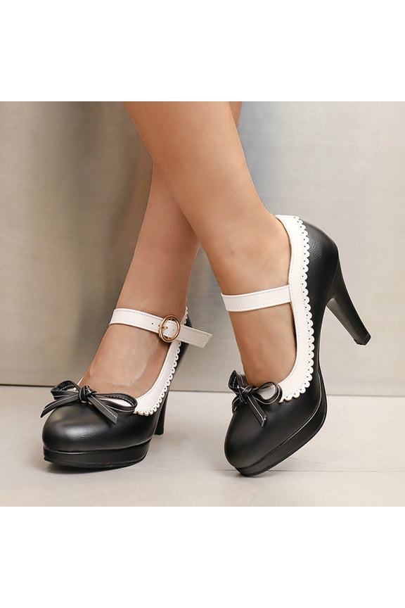 Women's Vintage Color Block Stilettos Lace Trim Bowknot Low Heel with Hook and Eye Closed Toe Marie Jane Shoes