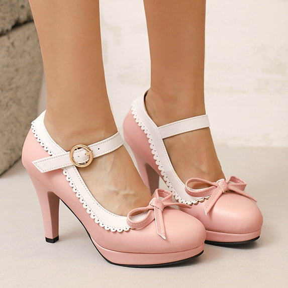 Cxenplz Women's Vintage Color Block Stilettos Lace Trim Bowknot Low Heel with Hook and Eye Closed Toe Marie Jane Shoes