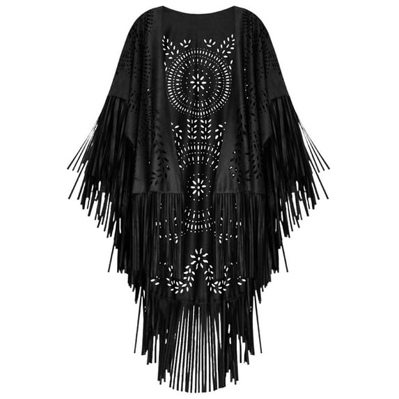 Cxenplz Women's Western Faux Suede Shawls and Wraps Vintage Hollow Long Tassels Stole Shrug Cape Scarf