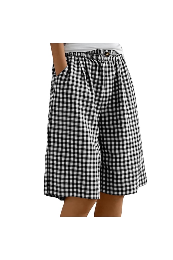 Womens Bermuda Shorts Wide Leg Cotton Soft Plaid Culottes Summer Elastic Waist Beach Vacation Palazzo Trousers Bottoms with Pockets