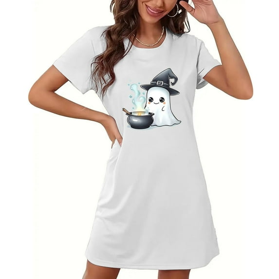 Cxenplz Womens Halloween Nightgown Casual Summer Fall Crewneck Short Sleeve T Shirt Deess Soft Loose Print Tunic Shirt Pajamas Sleepwear on Clearance
