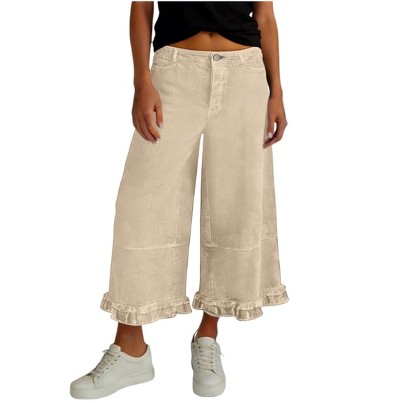 Cxenplz Womens Jeans Ruffle Hem Wide Leg Jeans Mid Rise Baggy Cropped Denim Pants with Pockets