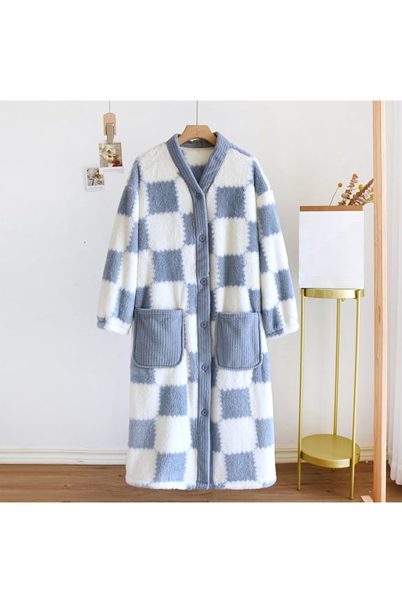 Womens Long Robe Soft Warm Coral Fleece Plush Bathrobes Button Down Winter Thick Warm Loungewear Ladies Pajamas with Pockets