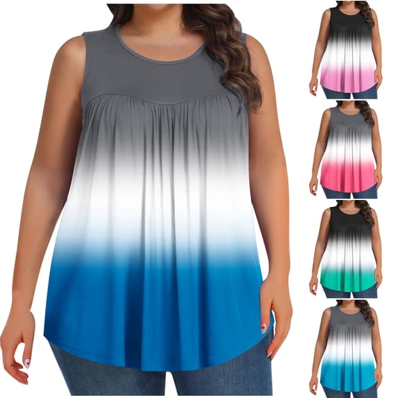 Cxenplz Womens Pleated Tank Tops Plus Size Casual Gradient Round Neck Sleeveless Summer Shirts