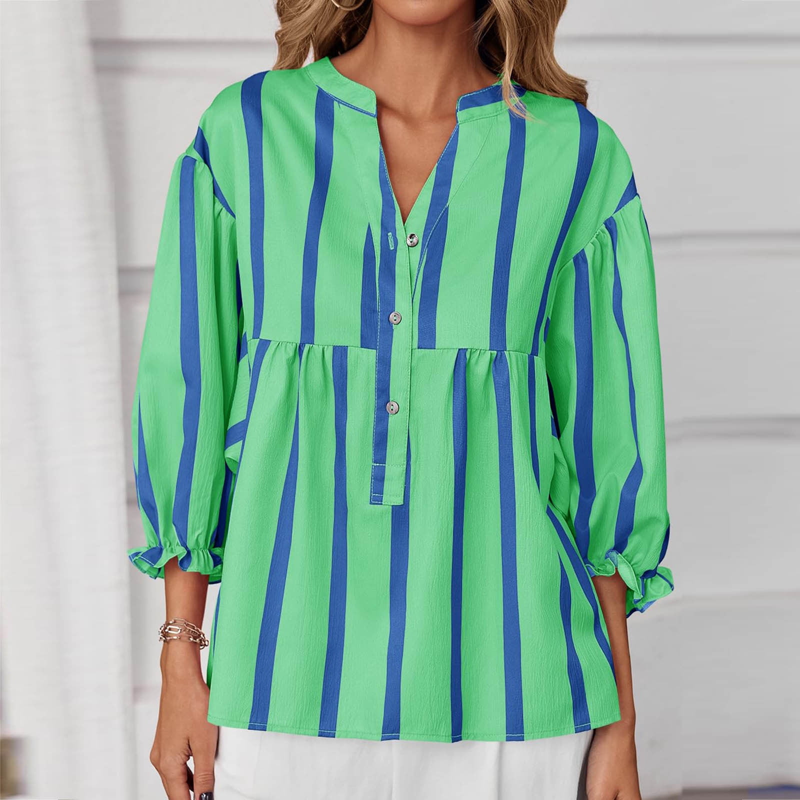 Lime 'N' Chili Solid Ruffled Deep V-Neck Puff Sleeve Babydoll Top