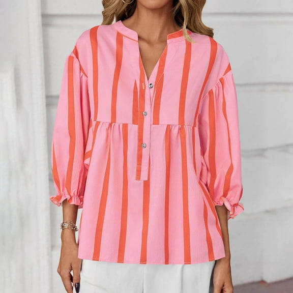 Cxenplz Womens Puff Sleeve Babydoll Tops Summer V Neck Striped Blouse Cute Casual Loose Fit Flowy Shirts