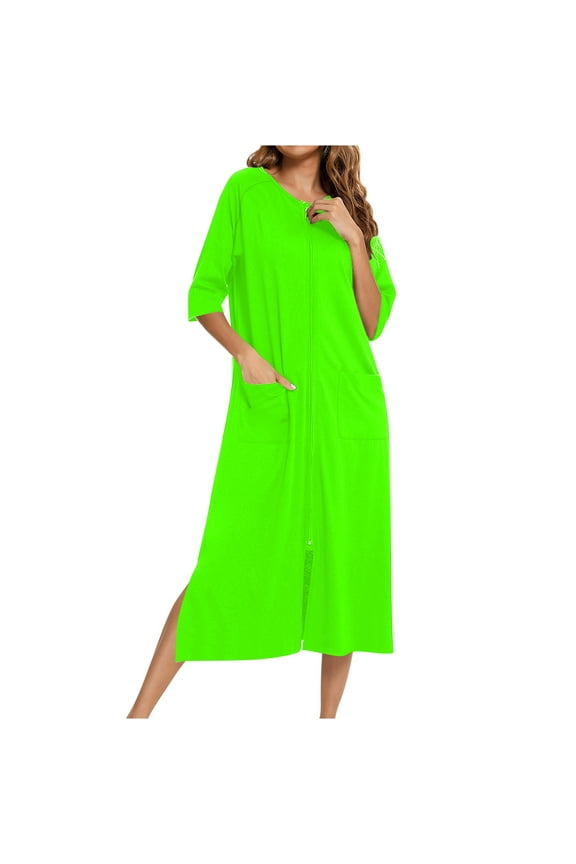 Womens Robes Zipper Front 3/4 Sleeve Full Length Housecoat Soft Loungewear Nightgowns with Pockets