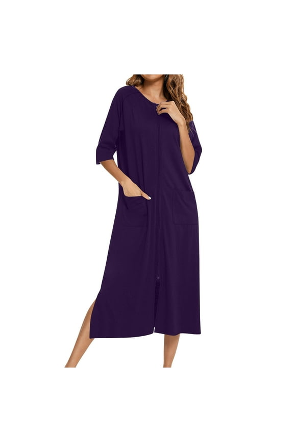 Womens Robes Zipper Front 3/4 Sleeve Full Length Housecoat Soft Loungewear Nightgowns with Pockets