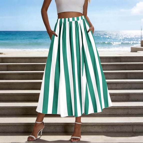 Cxenplz Womens Summer Striped Maxi Skirts A-Line Elastic Waist Flowy Skirt Beach Vacation Outfits