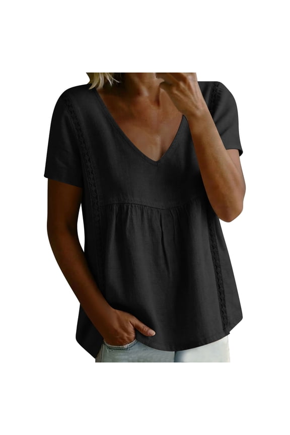 Womens Summer Tops Oversized Babydoll Short Sleeve V Neck T Shirts Casual Loose Pleated Swing Blouse