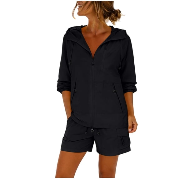 Cxenplz Womens Sun Protection 2 Piece Sets Long Sleeve Hooded Jackets and Shorts Casual Summer Outfits Outdoor Sports Hiking