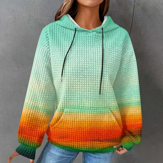 Cxenplz Womens Waffle Knit Hoodie Oversized Bohemia Fashion Multicolored Sweatshirt Casual Drawstring Pullover Tops with Pockets