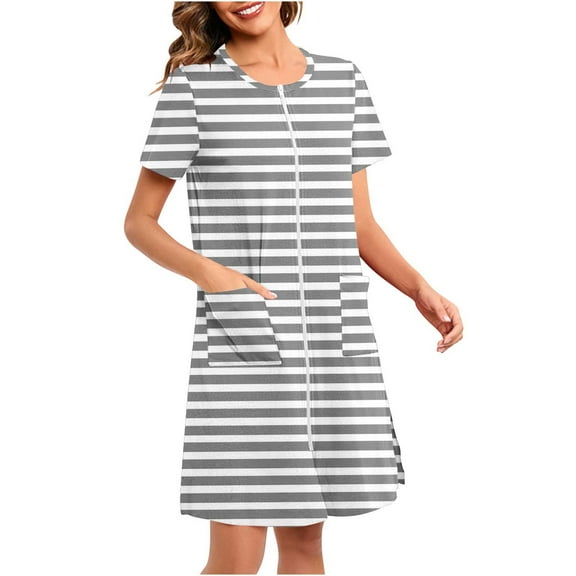 Cxenplz Zipper Robes for Women Knee Length Bathrobe Lightweight Zip Up Front Housecoat Short Sleeve Nightgown with Pockets, S-2XL