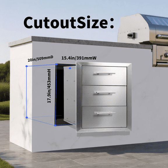 Cxforste Outdoor BBQ Drawer 3-Tier Stainless Steel, 18"x20.5"x20.5" Recessed Handle Storage Cabinet for BBQ Island, Outdoor Kitchen, Grilling Station