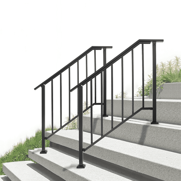 Cxforste Wrought Iron Outdoor Handrail Stair Railing Kit for 4-5 Steps, Black, Adjustable Angle 40-inch vertical pipe type iron handrail
