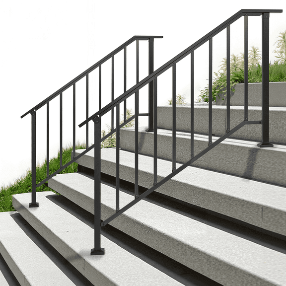 Cxforste Wrought Iron Outdoor Handrail Stair Railing Kit for 4-5 Steps, Black, Adjustable Angle  49-inch vertical pipe type iron handrail