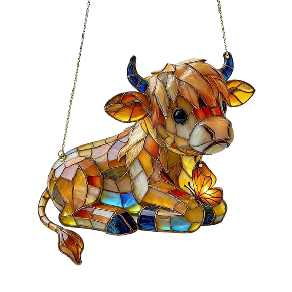CxhicLuv 15cm 2D Acrylic Highland Cow Colorful Hanging Pendant, Stained Glass Style Window Decor, Sunlight Reflective, Whimsical Bull Ornament for Home, Sunroom, Porch & Natural Light Spaces