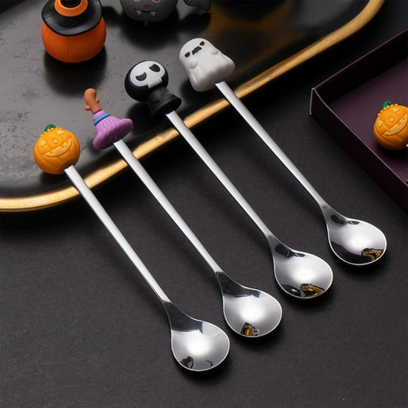 CxhicLuv 4pcs Stainless Steel Halloween Dessert Spoon Set, Whimsical Halloween Doll Spoon Fork for Coffee, Stirring, and Party Table Decorations, Multicolor Stainless Steel Halloween Kitchenware