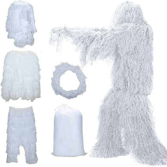 CxhicLuv 5-in-1 Camouflage Suit, Polyester Blend, 3D Design, Portable, Hunting Apparel – Ideal for Hunting, Paintball, Suitable for Outdoor Enthusiasts, Wildlife Photographers, White