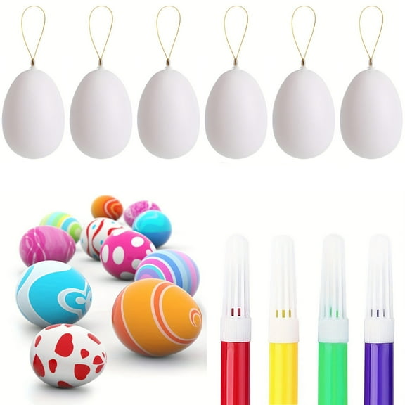 CxhicLuv 6pc Easter White Graffiti Eggs, Unfinished DIY Model with 4 Watercolor Brushes, Plastic Easter Eggshells for Kids, Easter Craft Kit for Home and Classroom Decorations
