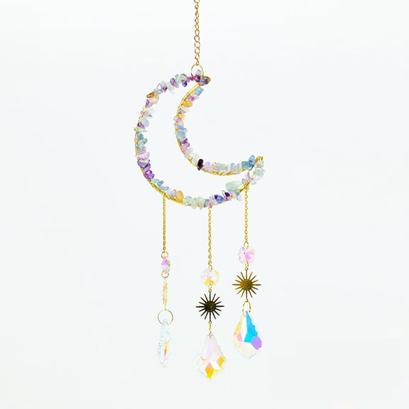 CxhicLuv Amethyst Crystal Moon Pendant, Handwoven Wind Chime Ornament, Rainbow Light Reflecting Hanging Home Decoration, Elegant Spiritual Crystal Accent, Magical Gift for Garden and Window Display