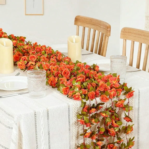 CxhicLuv Artificial Rose Vines, Faux Flower Garland for Home, Wedding, and Thanksgiving Decorations, Orange/Pink Flowers, Perfect for Fall & Christmas Tree Décor, Indoor/Outdoor Use