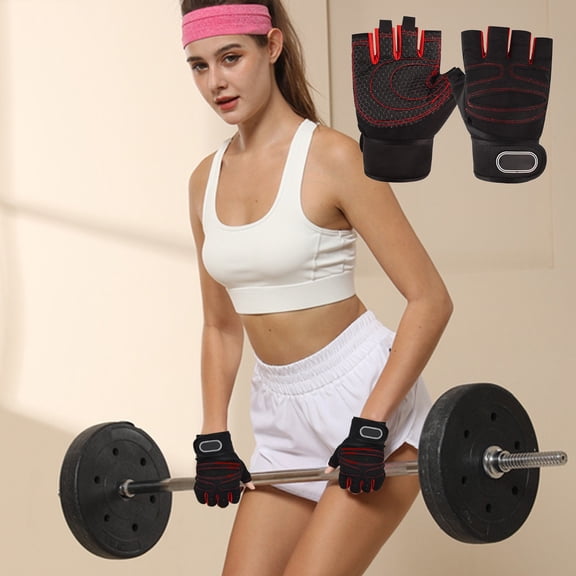 CxhicLuv Black-Red Half Finger Gloves, 6.9×4.1×0.8 Inch, Non-Slip, Breathable, Durable, Ideal for Gyms, Cycling, Polyester & Silicone-Palm, Suitable for Men, Women, Red