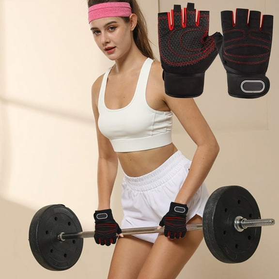 CxhicLuv Black-Red Half Finger Gloves, 6.9×4.1×0.8 Inch, Non-Slip, Breathable, Durable, Ideal for Gyms, Cycling, Polyester & Silicone-Palm, Suitable for Men, Women, Red