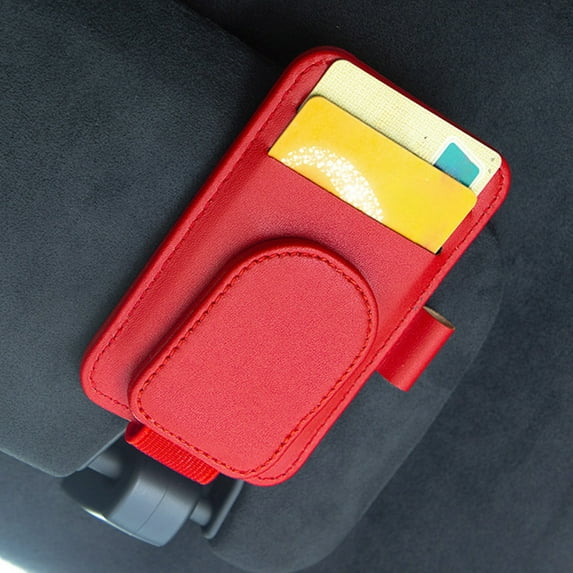 CxhicLuv Car Eyeglass Clip, Auto Card Holder, Leather Visor-Mounted Universal Multicolor, Car Interior Organizers, Glasses & Business Card Storage for Drivers, Professionals, Red