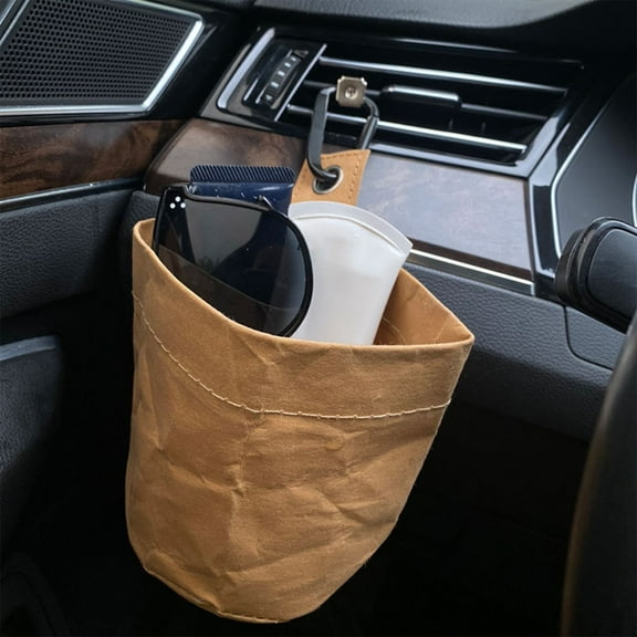 CxhicLuv Car Hanging Bin, Auto Kraft Paper Storage, Vent-Mounted Garbage & Organizer, Car Interior Accessories, Waste & Small Item Storage for Families, Car Owners, Brown