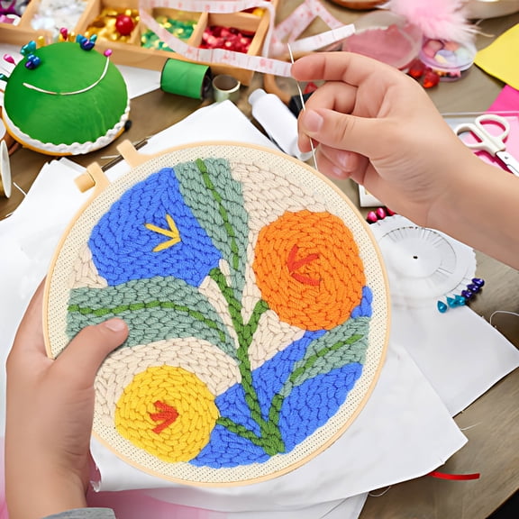 CxhicLuv Coarse Yarn Poke Embroidery DIY Material Kit, Floral Series Craft Set, Needle Punch Art with Yarn & Tools for DIY Christmas Decorations, Crafting Fun for Beginners & Crafters