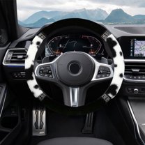 CxhicLuv Cow Print Lint Studded Steering Wheel Cover, Soft & Warm Handlebar Cover with Rhinestone Accents, Comfortable Winter Car Accessories for Women, Cozy & Stylish Design
