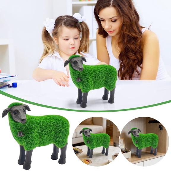 CxhicLuv Creatives Bells-Adorned Flocked Sheep Resin Ornament, 6in Black-Faced Green Lamb Figurine for Indoor/Outdoor Garden & Patio Décor, Farm Animal Sculpture