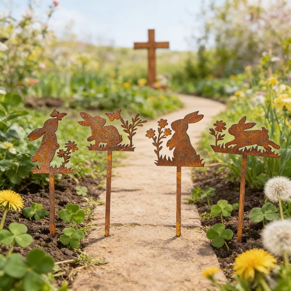 CxhicLuv Decorative Rusty Garden Ground Stake, Iron Metal Art, Outdoor Yard Decoration, Home Patio Garden Décor, Easter Themed Metal Craft, Garden Art Sculpture for Spring Holiday