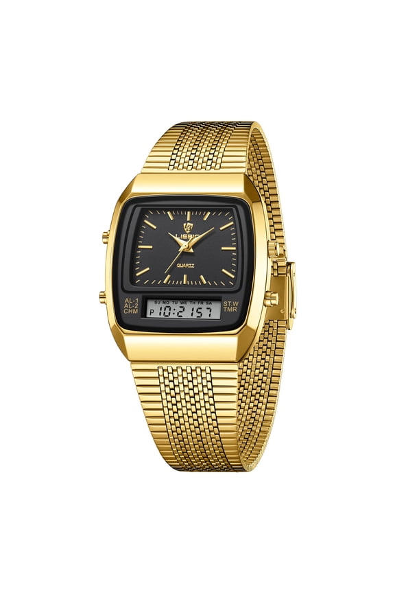 Digital & Analog Quartz Watch, Business Casual Web Strap, Waterproof LED Display with Date & Day, Multifunctional Timepiece for Men, Durable & Stylish