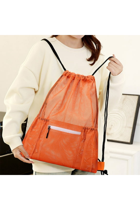 Drawstring Sports Backpack 19.3×16.1 Inch Polyester, Durable, Breathable – Basketball/Football Storage Bag, Ideal for Hiking, Beach, School, Suitable for Students, Athletes, Orange