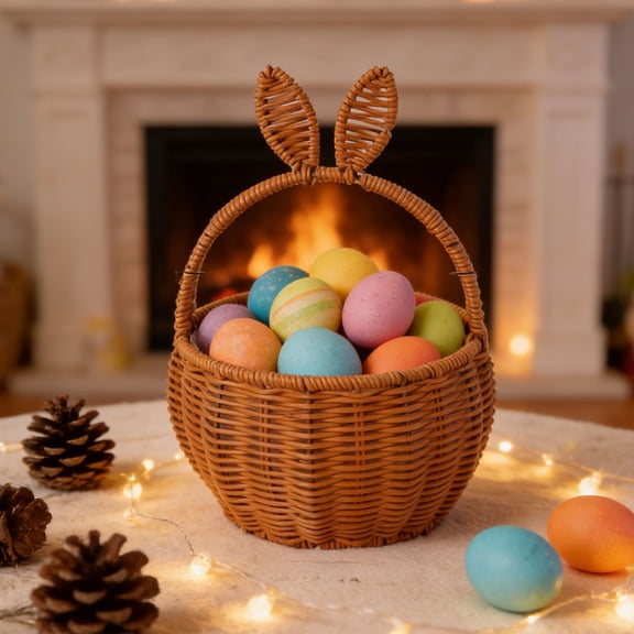 CxhicLuv Easter Bunny Ear Basket, Handmade Plastic Rope Storage, Decorative Rabbit Ear Basket for Easter Egg Fillers, Nursery Storage & Holiday Decor for Spring & Festive Parties