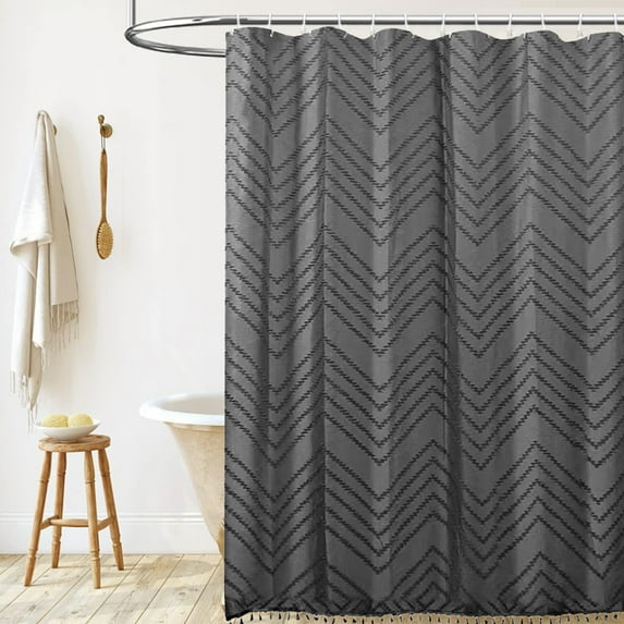 CxhicLuv Fabric Shower Curtain with Tassels, Boho Bathroom Curtain, Modern Shower Curtain Set with Textured Cloth and Hooks, Elegant White/Beige/Gray Design for Bathroom Décor, Heavy Duty