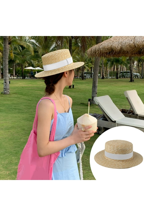 Flat Top Straw Hat, Summer Beach Sun Hat 22.04-22.83 Inch, Wide Brim, Foldable, Breathable – Ideal for Seaside, Travel, Outdoor Activities, Suitable for Women, White