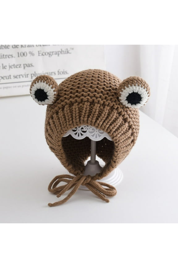 Frogs Eye Knitted Hat Cute Adjustable Warm Winter Beanie Polyester Lined Elastic Kids Teens Novelty Animal Design Ski Cap Snow Cold Weather Cozy Outdoor Gift